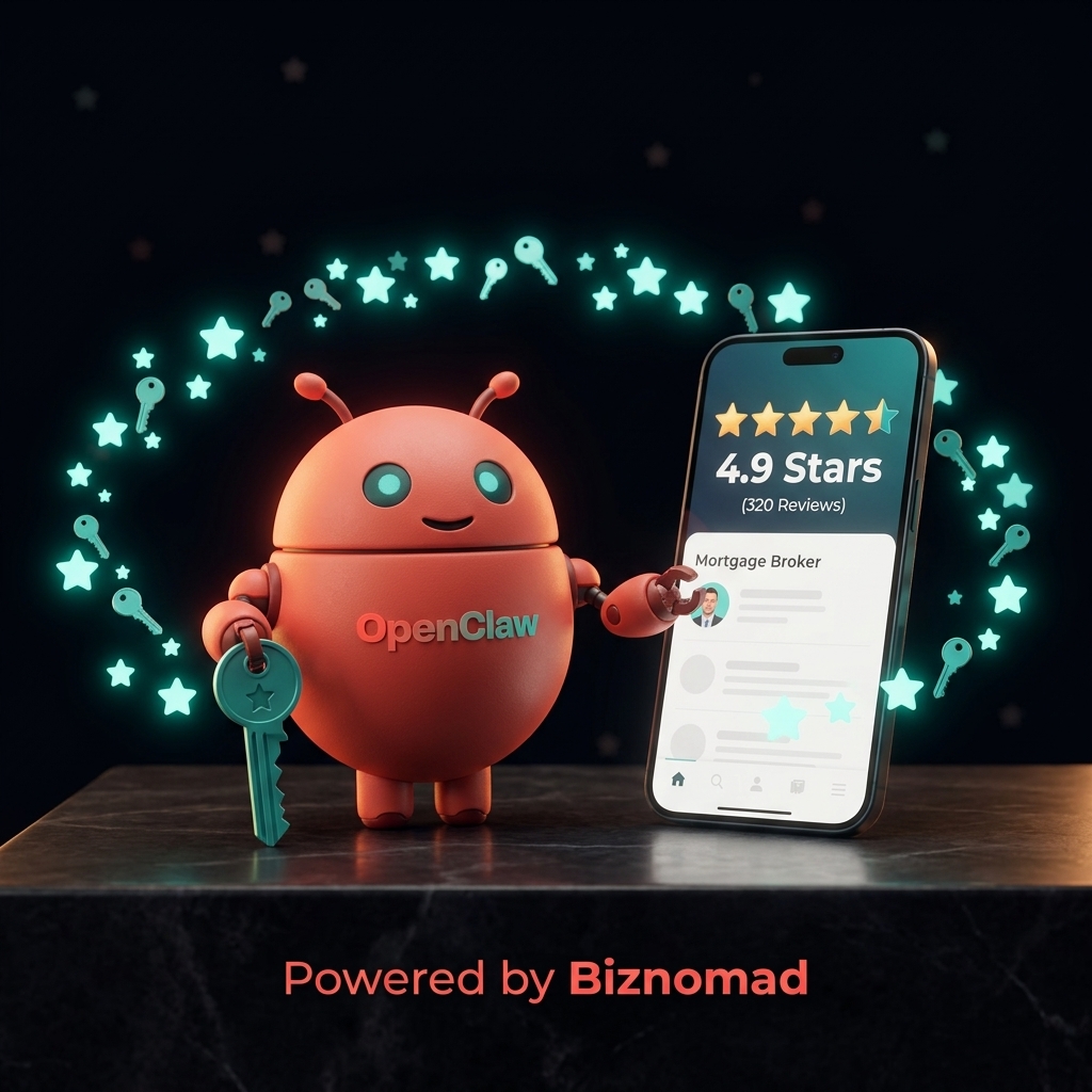 OpenClaw mascot boosting mortgage broker ratings with 5-star reviews